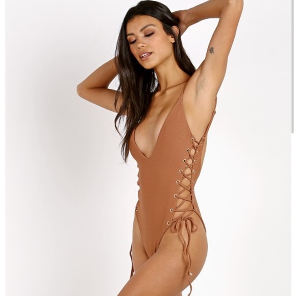 Blue Life Roped Up One Piece Swimsuit in Cacao Tan Lace Up Nude Deep V - Picture 9 of 12